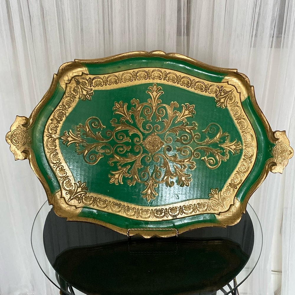 Vintage 80’s Florentine Lrg Wood tray painted in gold/kelly green Made in 🇮🇹